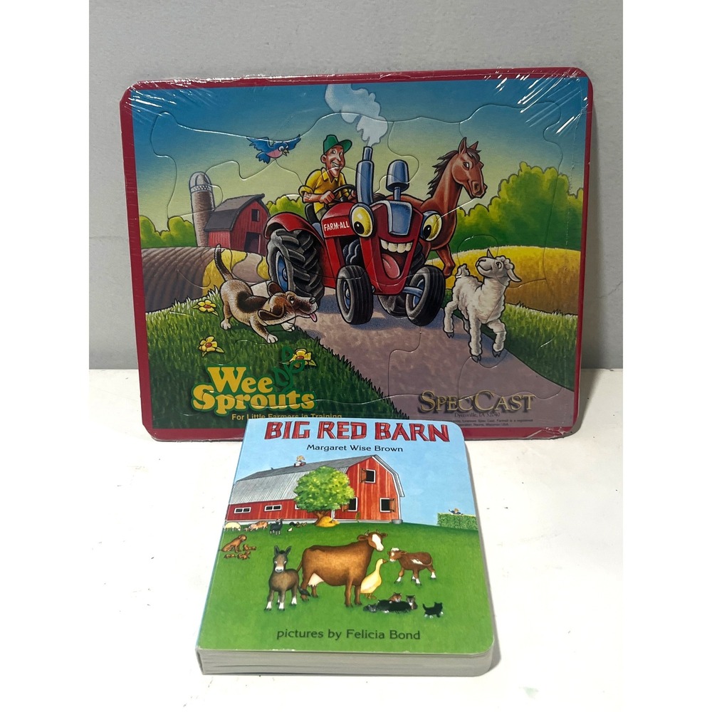 Big Red Barn Board Book & Wee Sprouts Farmall Tractor Wooden Puzzle Set